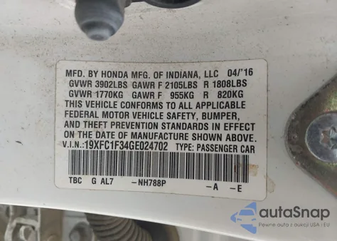 2016 Honda Civic Ex-T from USA, damaged, VIN 19XFC1F34GE024702